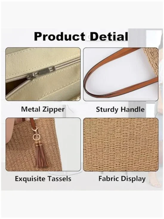 Large Straw Tote Bag with Tassel for Beach Travel Shoulder Handbag - Picture 4 of 7